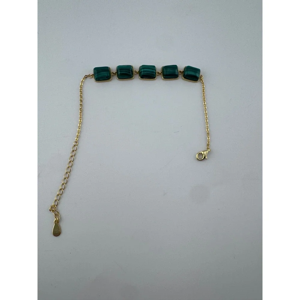 Green Malachite Style Bracelet Gold Tone Chain Rectangle Stones Adjustable